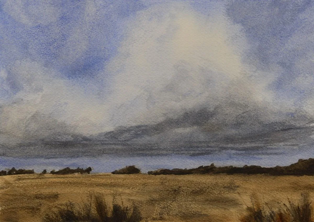 Big Cloud Over Dry Field, a watercolor artwork by Philip Hossu.