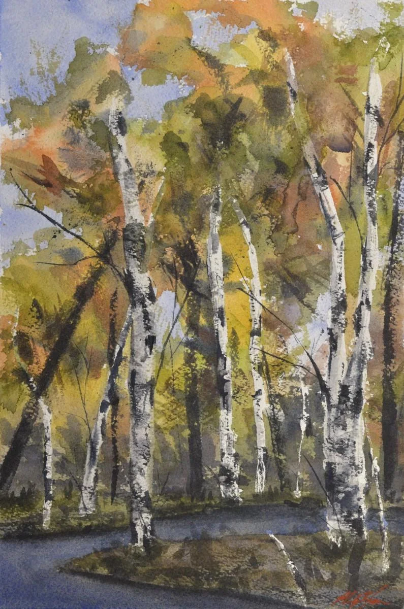 Birches in Fall, a watercolor artwork by Philip Hossu.