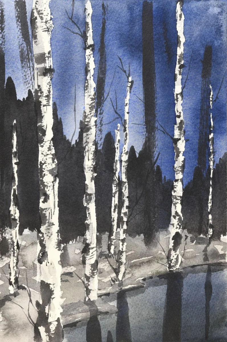 Birches in Winter, a watercolor artwork by Philip Hossu.