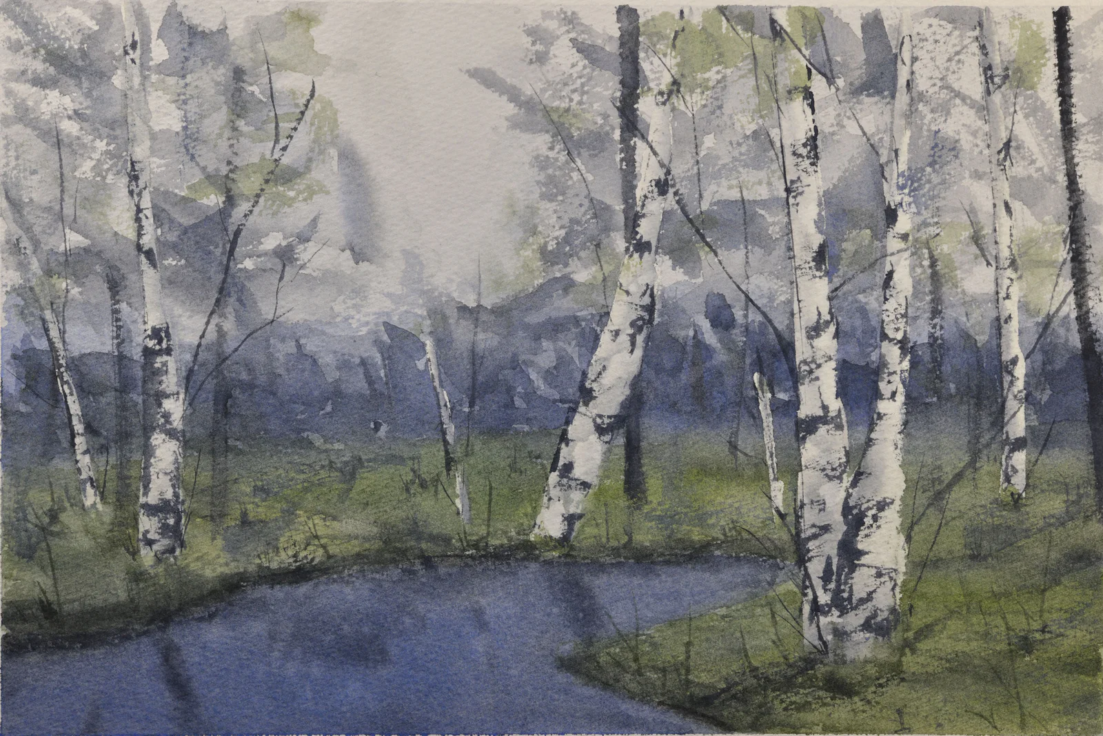 Birches Near a Stream, a watercolor artwork by Philip Hossu.