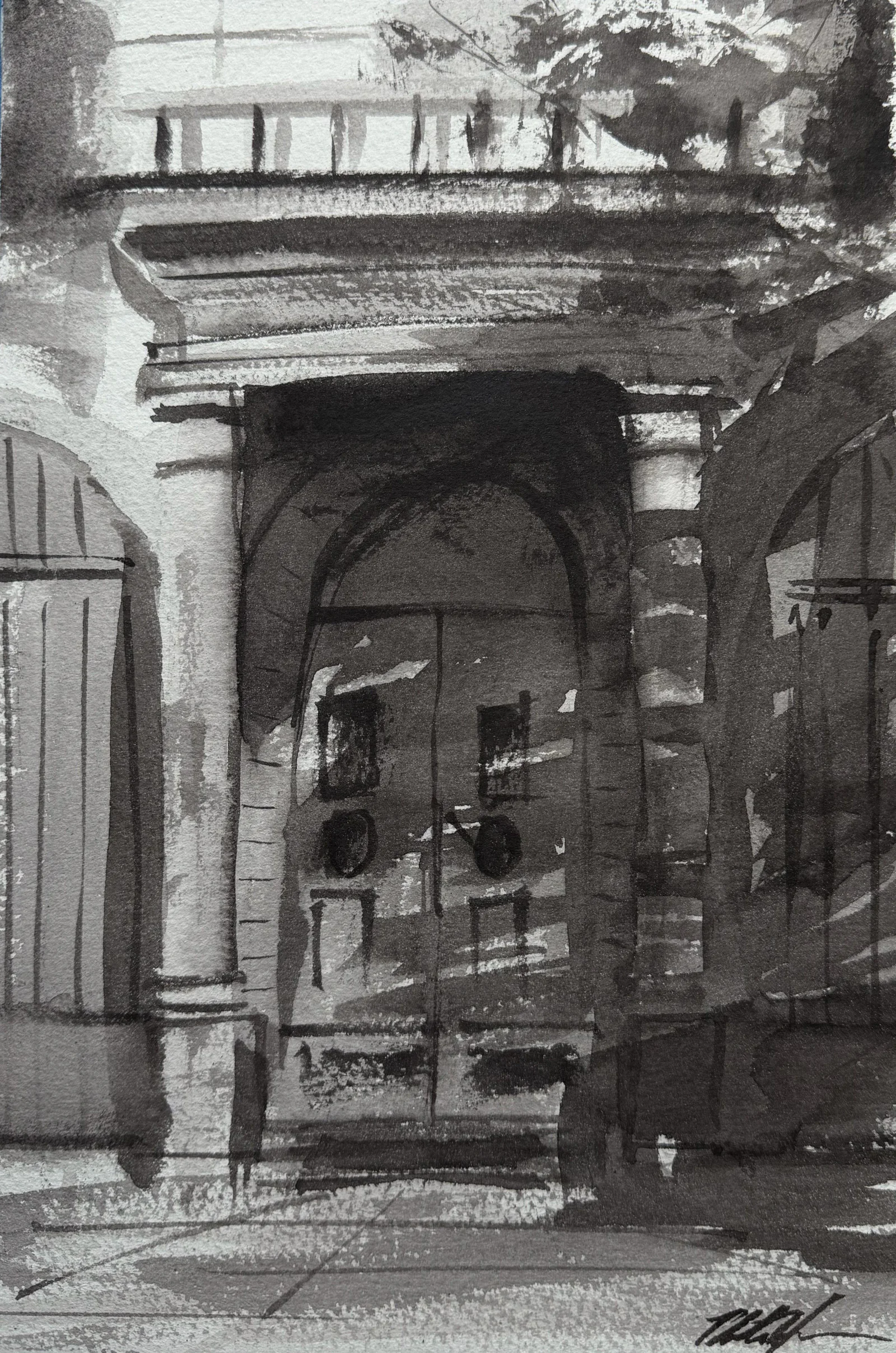 Budapest Doorway Monochrome, a watercolor architectural study by Philip Hossu.