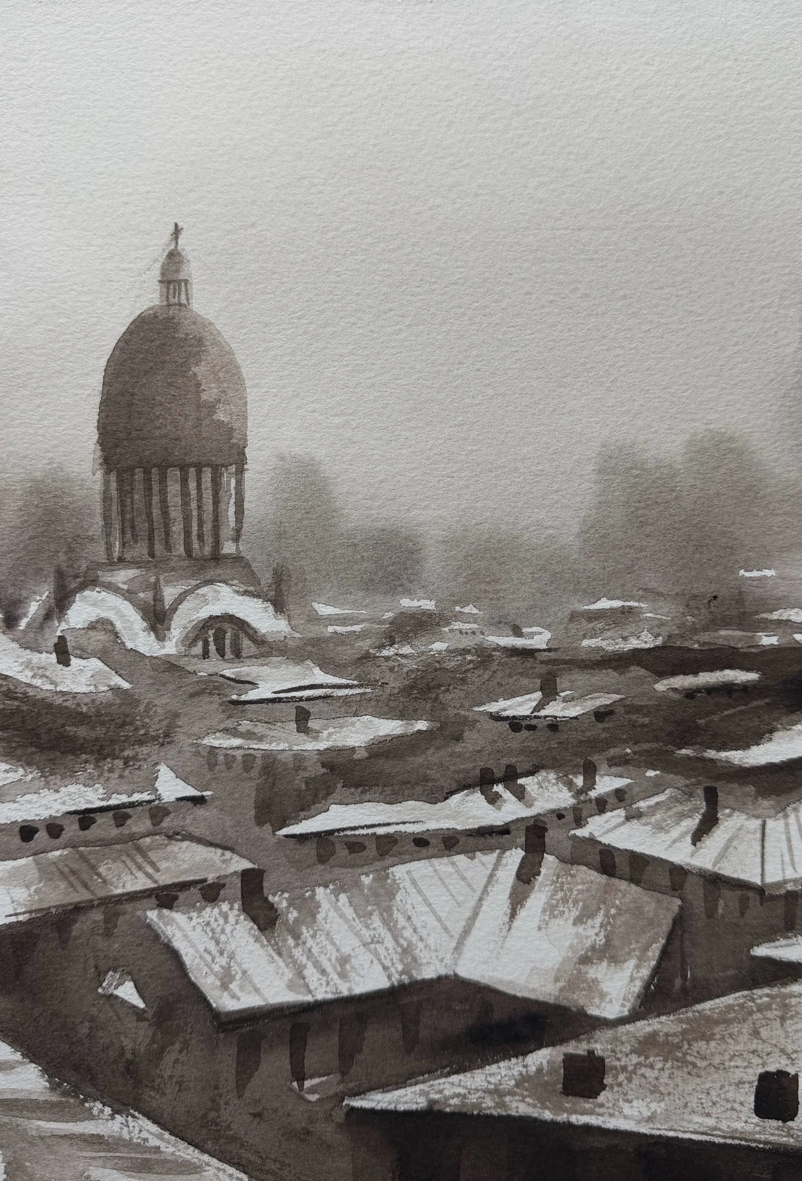 Cluj-Napoca in Sepia, a watercolor cityscape by Philip Hossu.