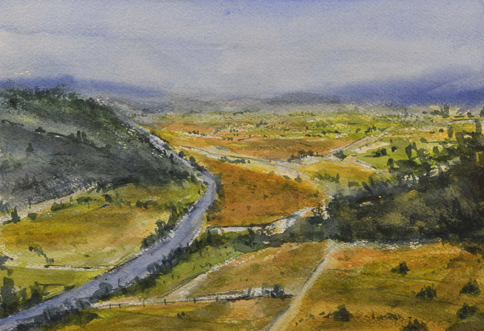 Fields from Elevation, a watercolor artwork by Philip Hossu.