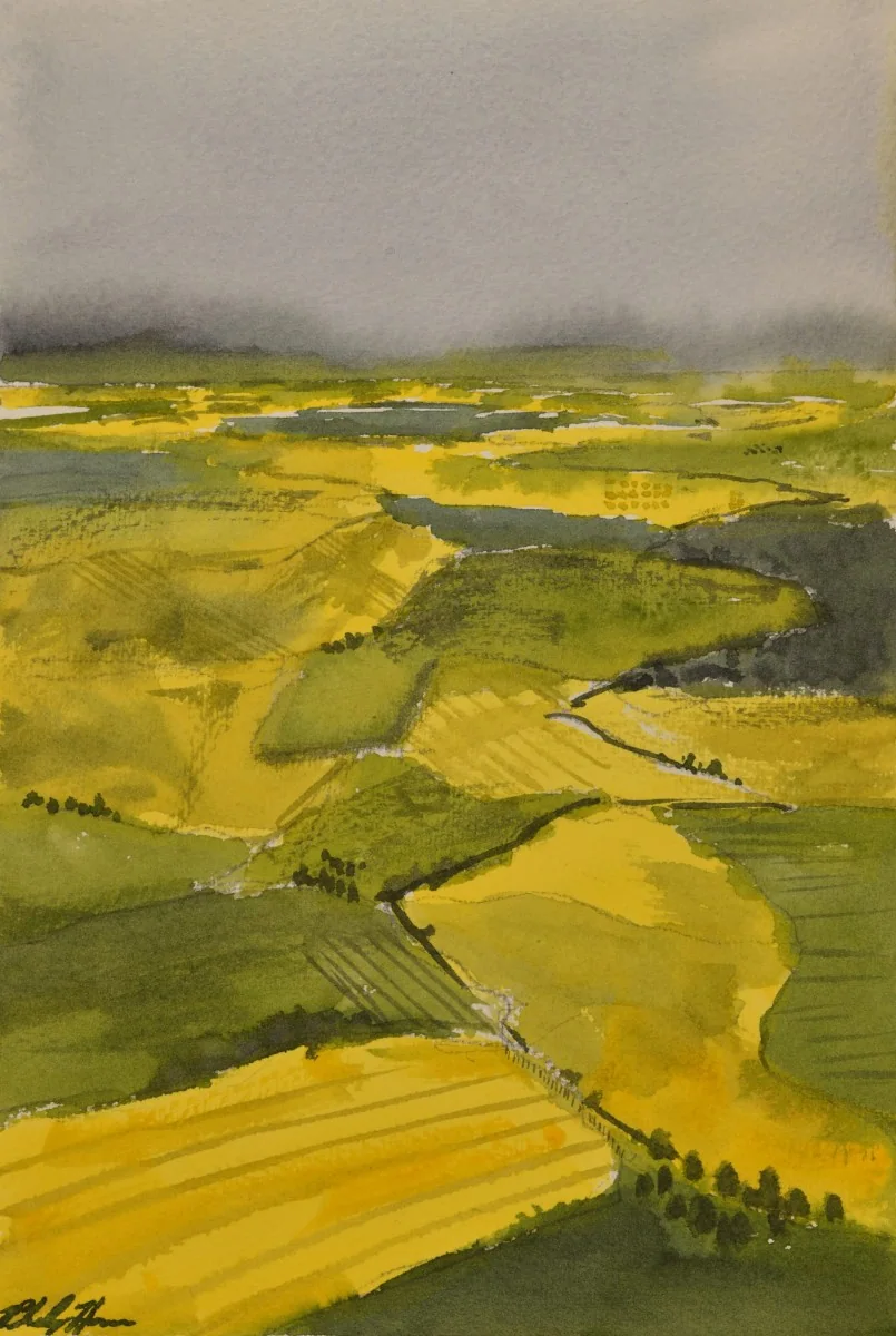 Fields from Elevation II, a watercolor artwork by Philip Hossu.
