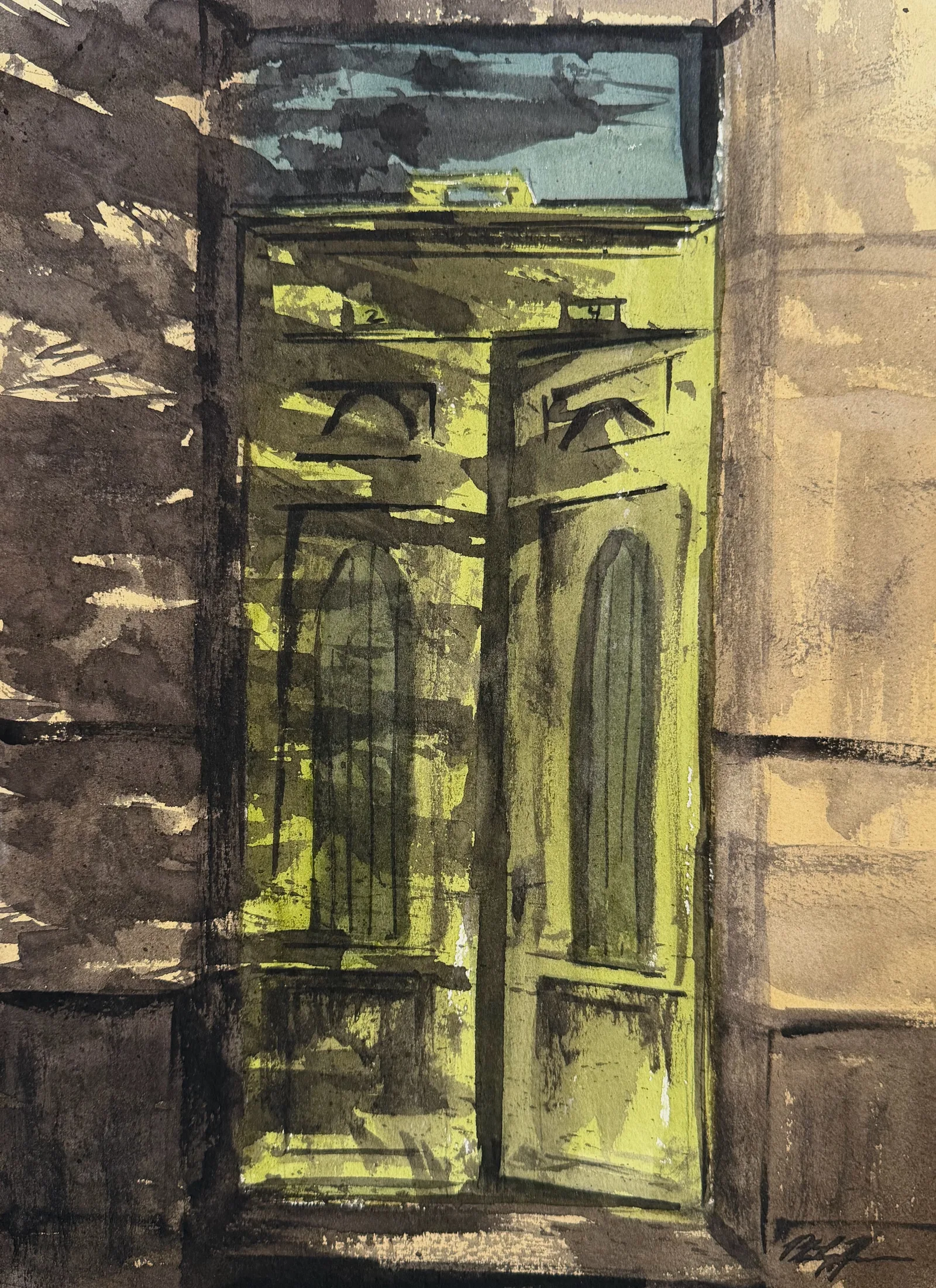 Green Doorway in Late Afternoon, a watercolor architectural painting by Philip Hossu.