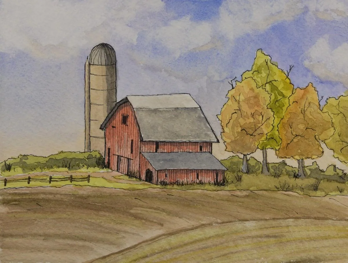 Line and Wash Barn, a watercolor artwork by Philip Hossu.