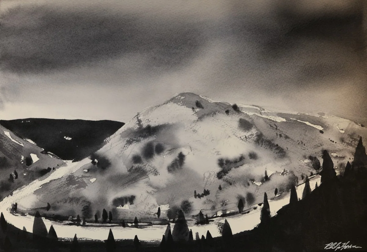 New River Gorge Bend II, a watercolor artwork by Philip Hossu.