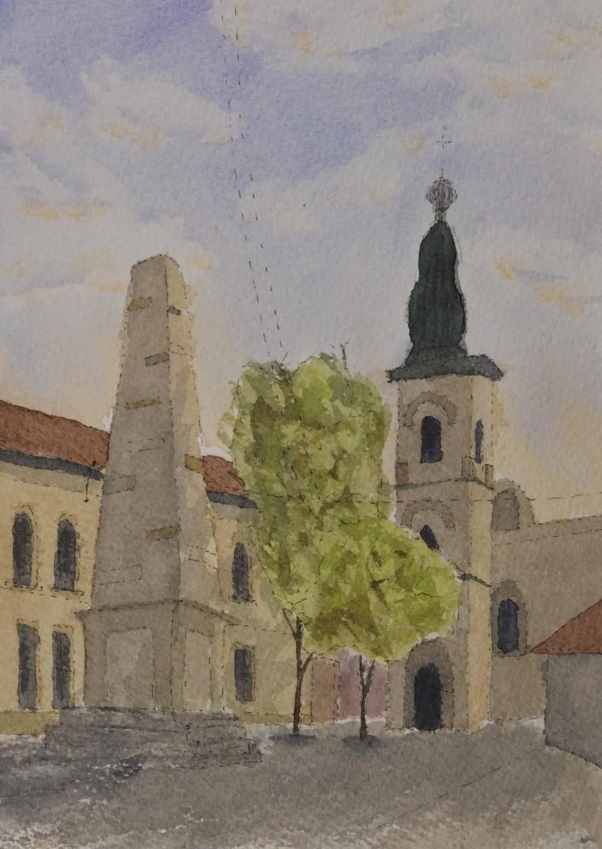Piața Muzeului, Cluj, a watercolor artwork by Philip Hossu.