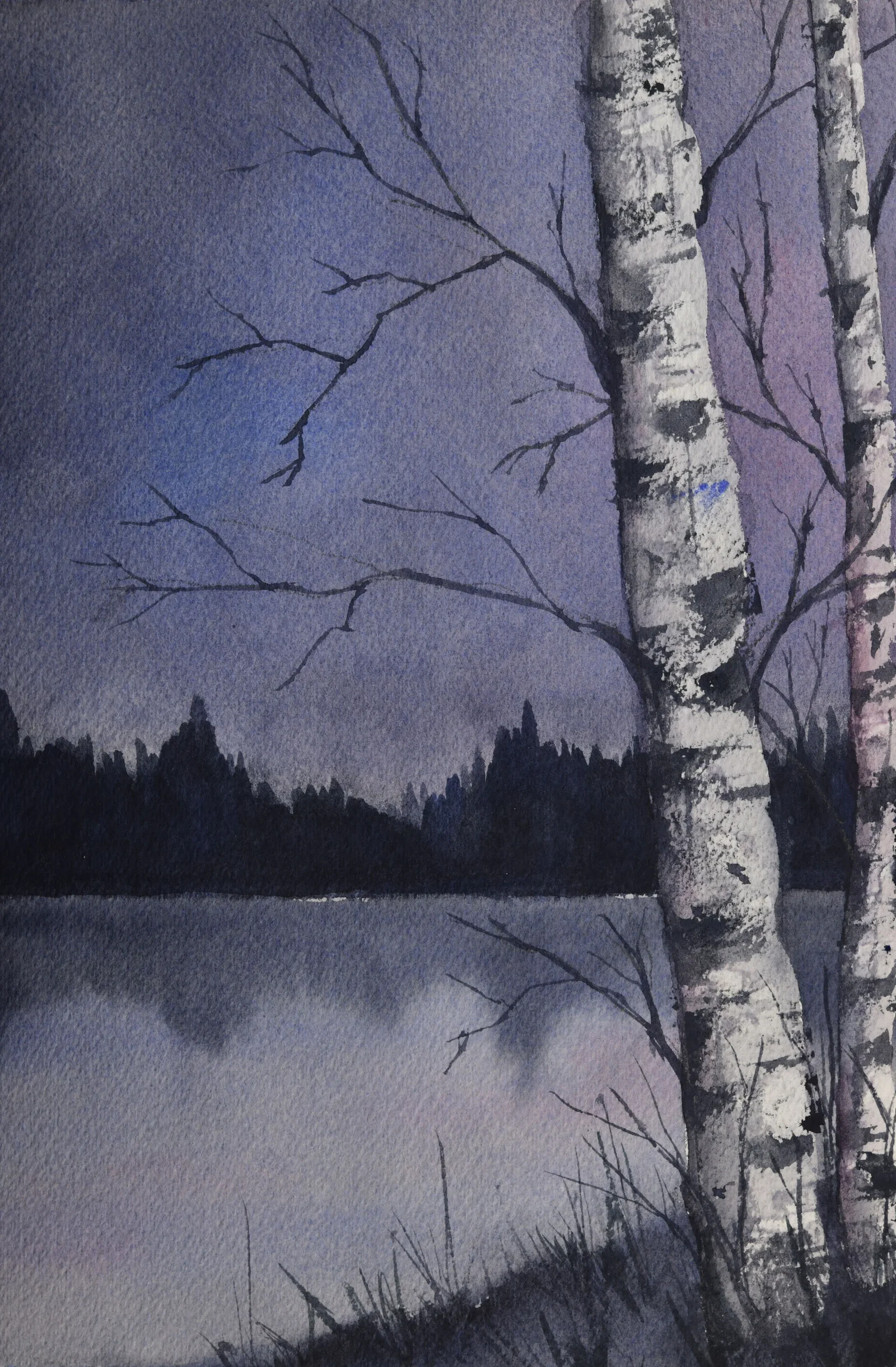 Red & Blue Birches, a watercolor artwork by Philip Hossu.