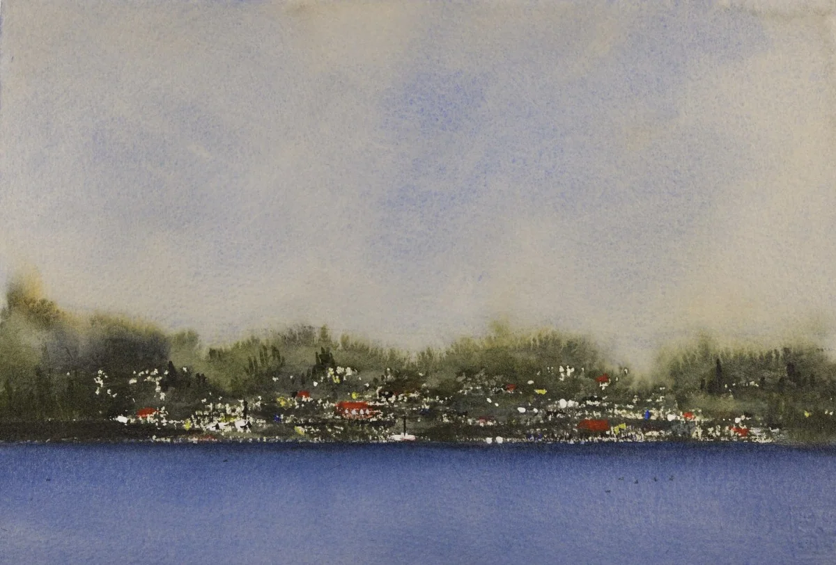 Red Rock, Ontario -- Fog, a watercolor artwork by Philip Hossu.