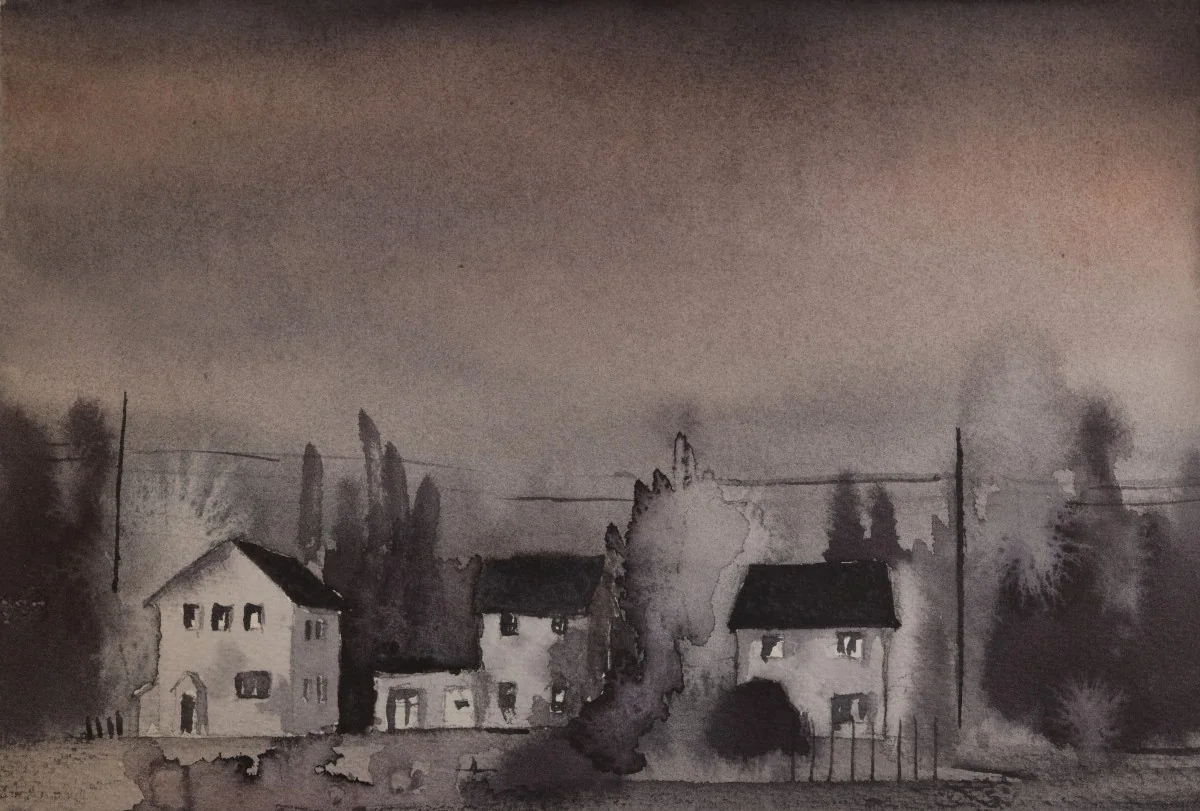Red Rock Ontario Houses, a watercolor artwork by Philip Hossu.