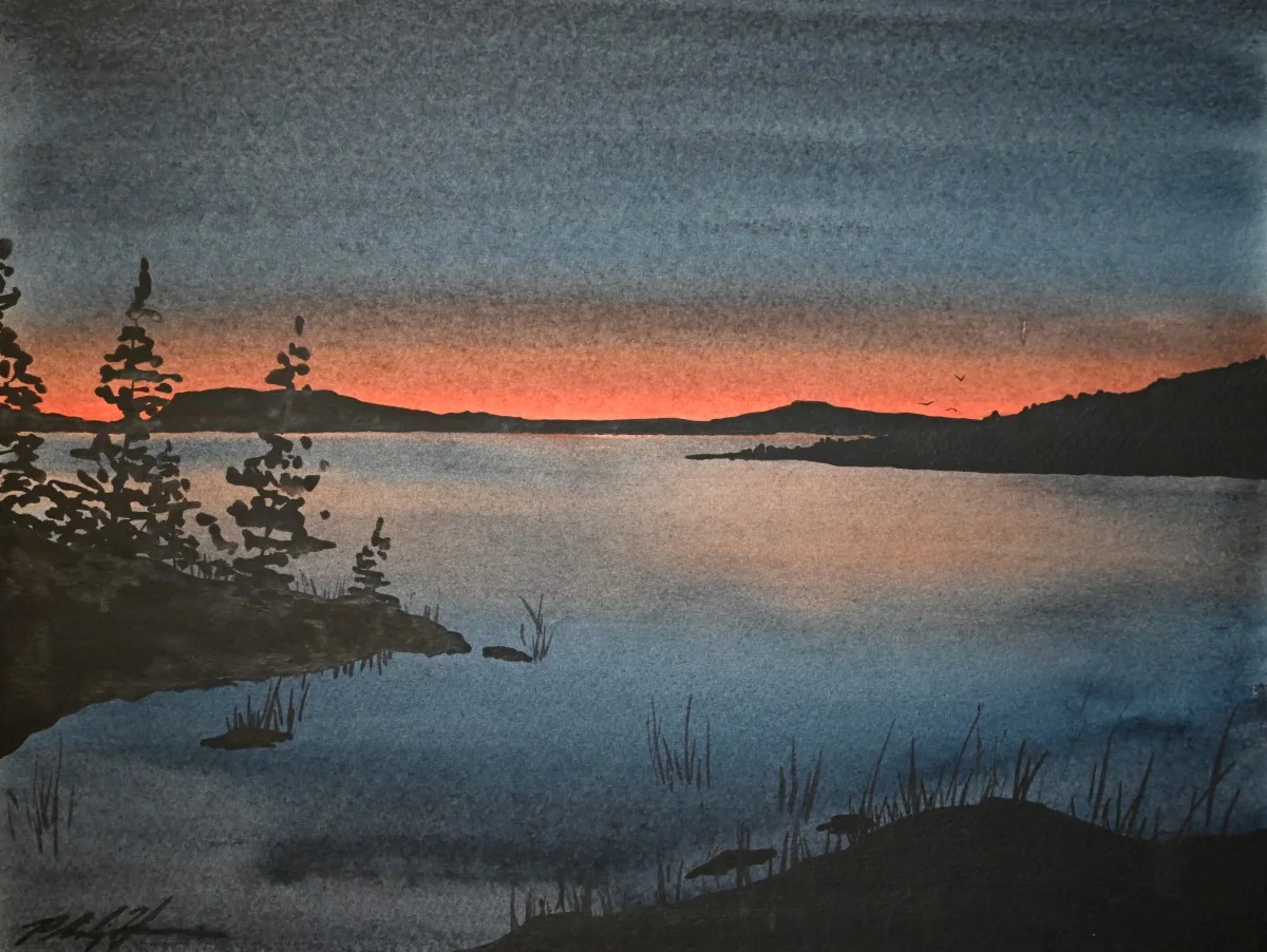 Red Rock Sunrise, a watercolor artwork by Philip Hossu.