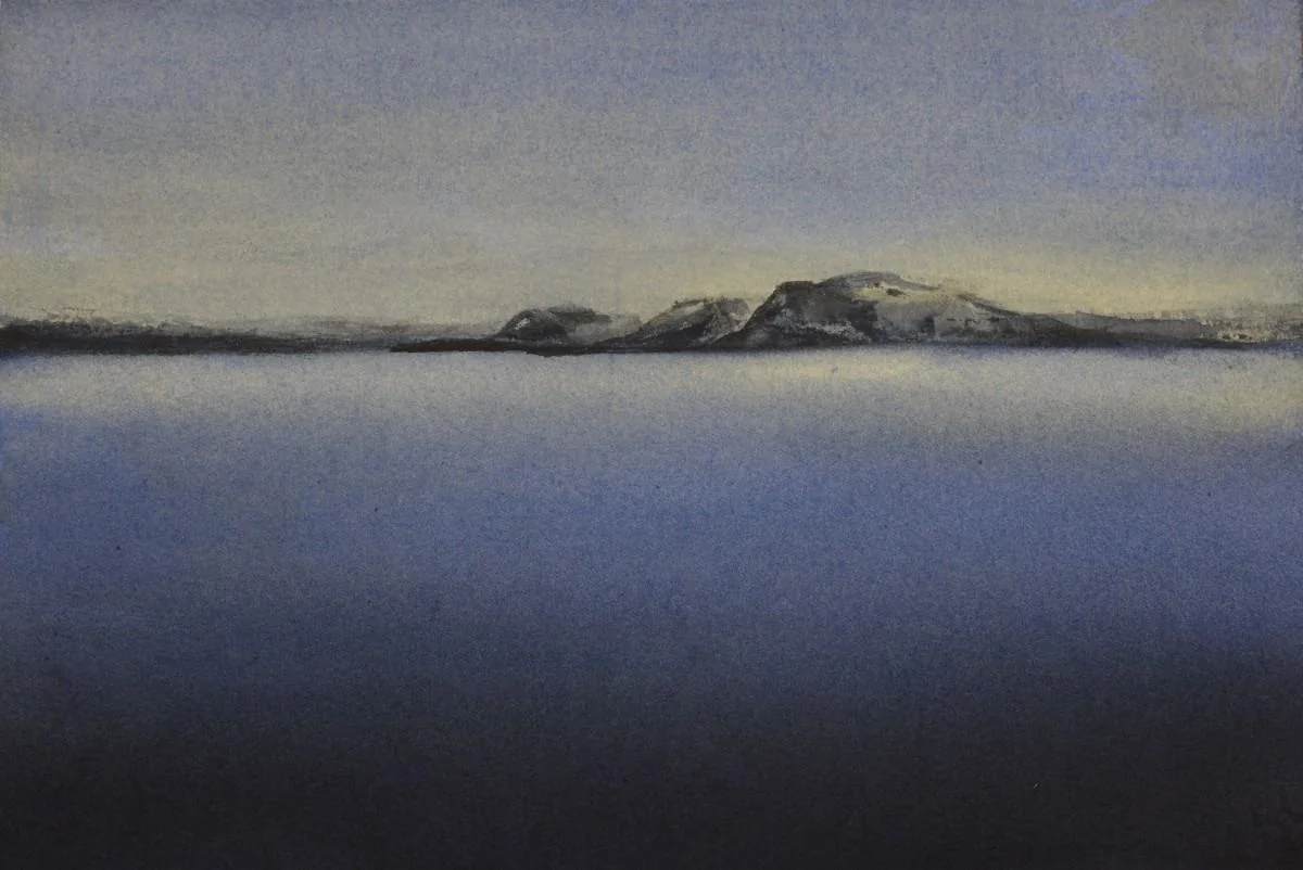 Serene Dusk at Nipigon Bay, a watercolor artwork by Philip Hossu.