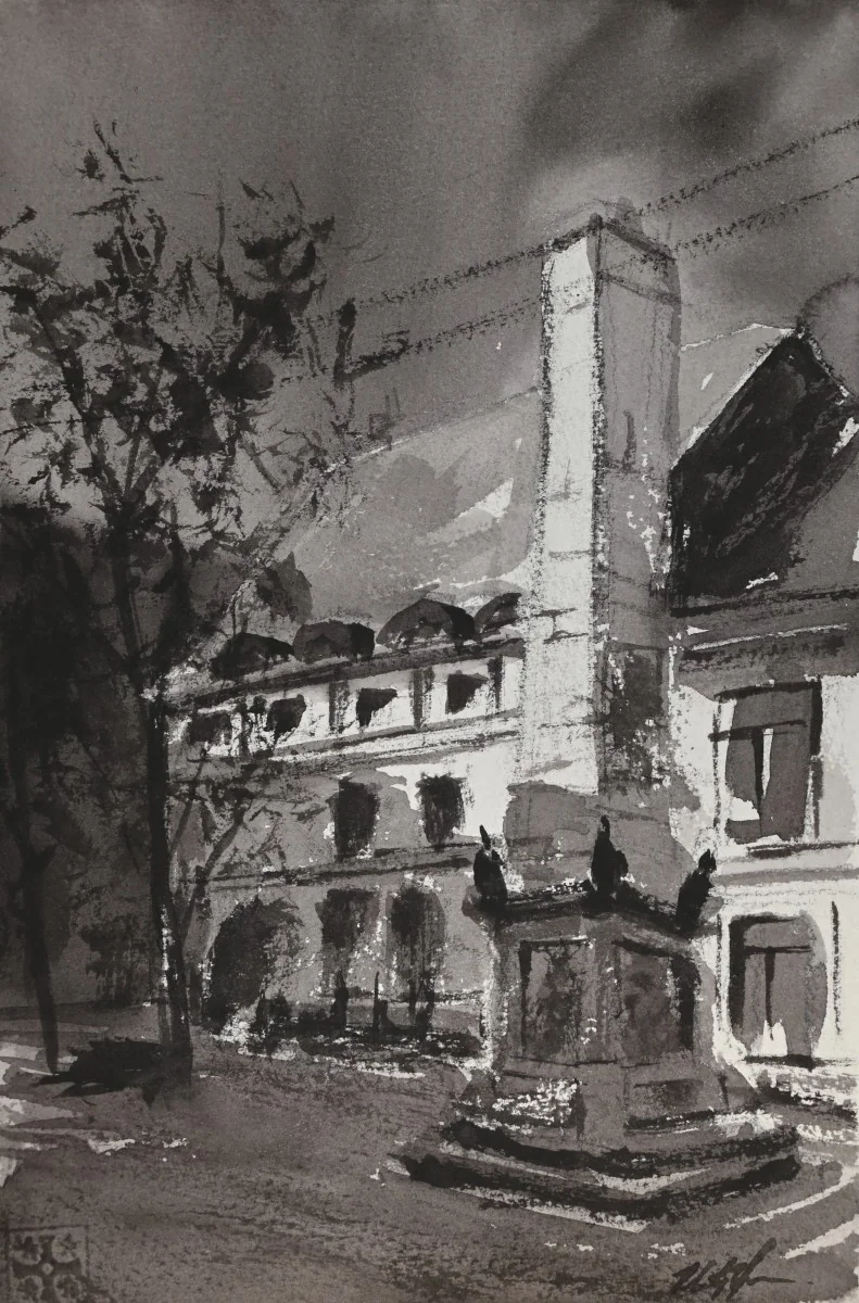 Piața Muzeului Value Monochrome, a watercolor artwork by Philip Hossu.