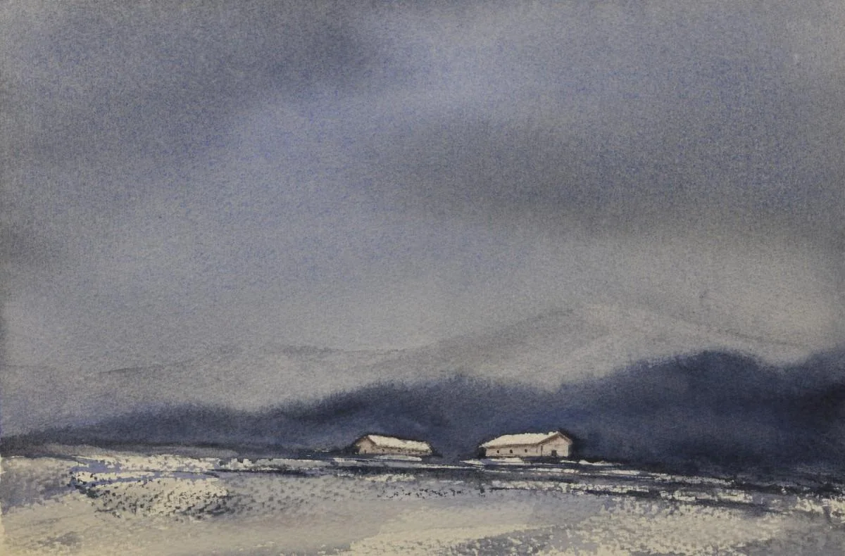 Two Cabins in the Snow, a watercolor artwork by Philip Hossu.