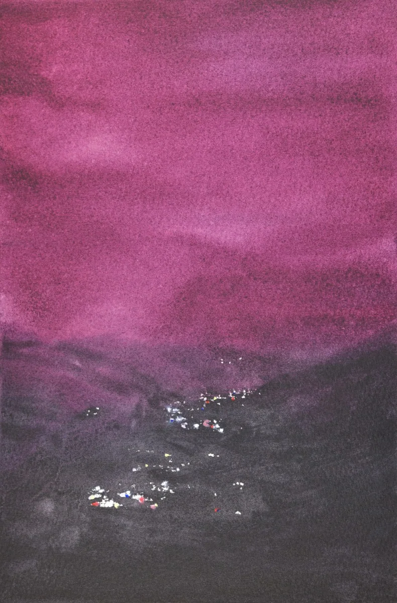 Valley Under Maroon Sky, a watercolor artwork by Philip Hossu.