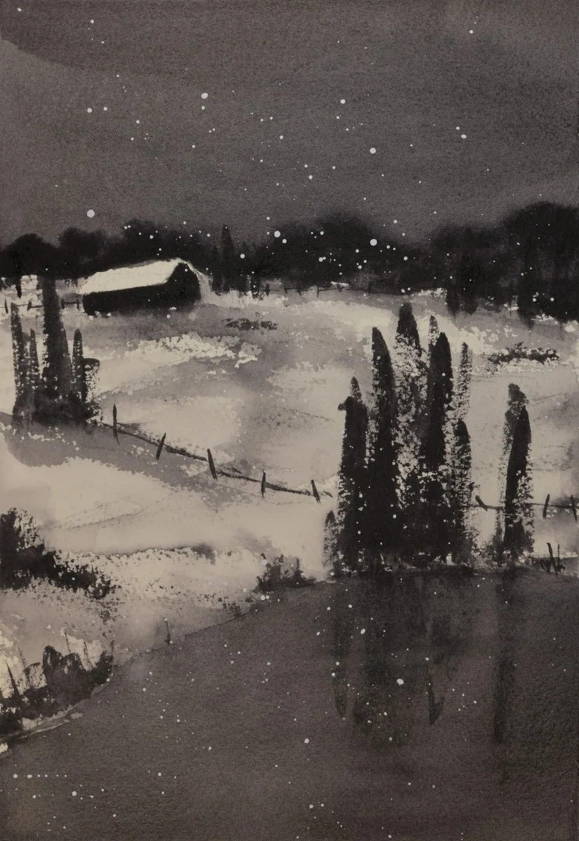 Winter Barn by a Pond, a watercolor artwork by Philip Hossu.