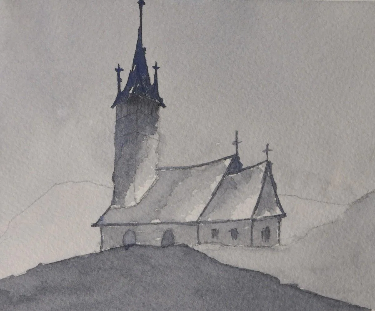 Wooden Church Sketch, a watercolor artwork by Philip Hossu.