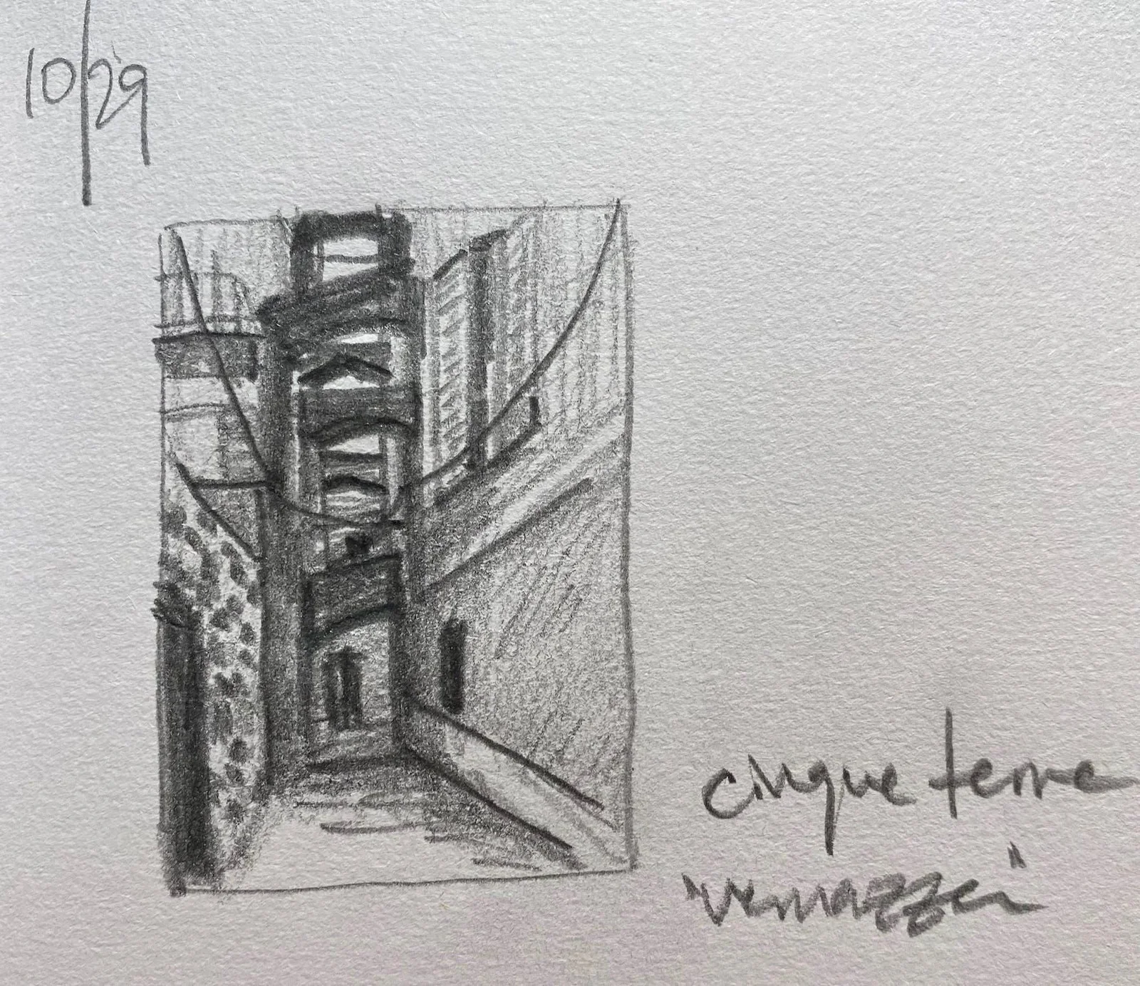 Graphite architectural alley study by Philip Hossu.