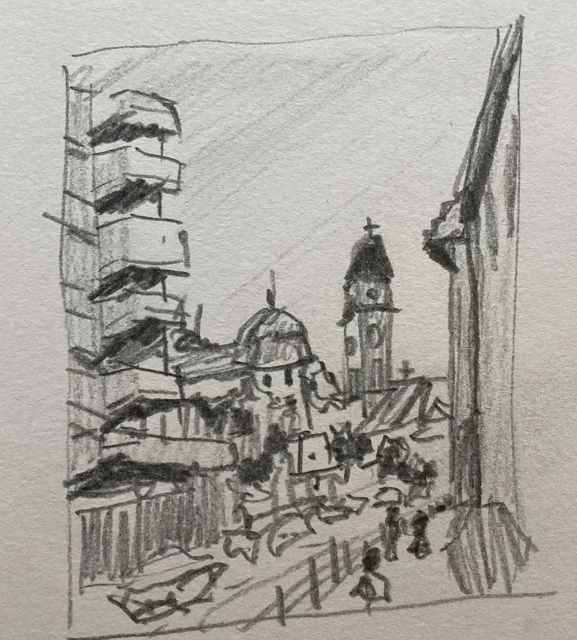 Graphite city street and church study by Philip Hossu.