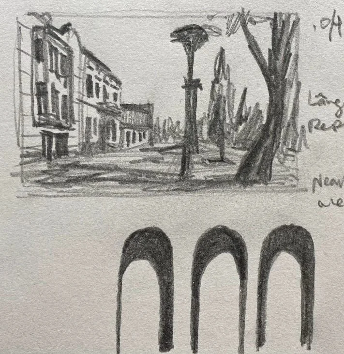 Graphite streetscape and arch studies by Philip Hossu.