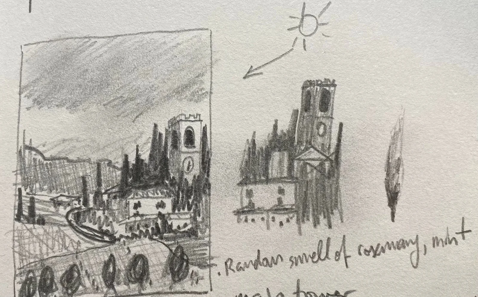 Graphite architectural composition notes by Philip Hossu.